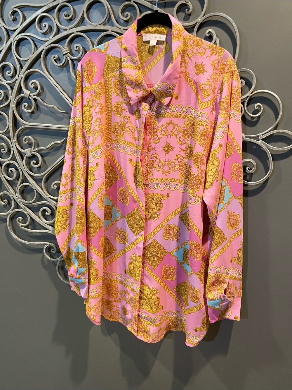 Women’s plus Pink and Gold Baroque Print Blouse status print CUTE sz 2x